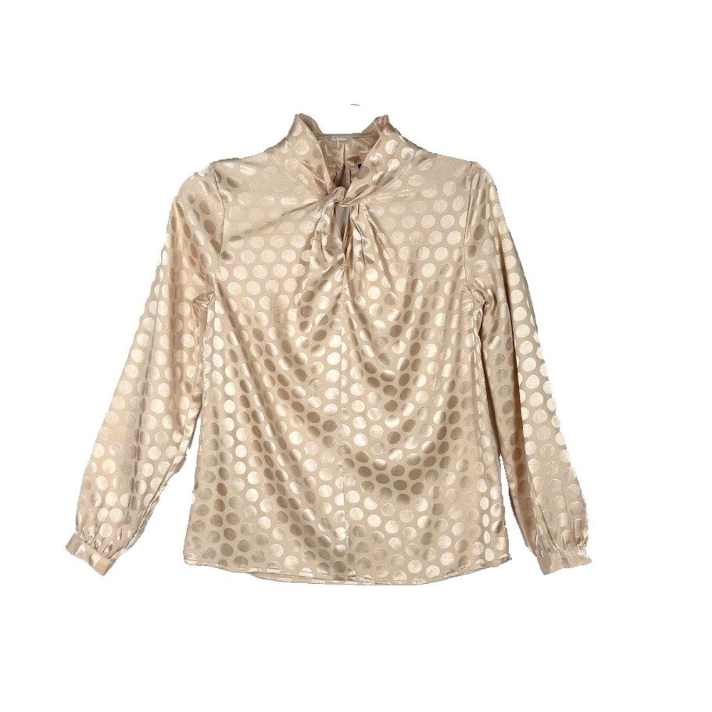 Ann Taylor Polka Dot High Keyhole Twist Neck Blouse SZ XSP Champagne Long Sleeve